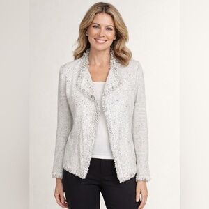 NIC+ZOE Open Front Fringed Knit Jacket PP Petite Gray Speckled Textured Blazer